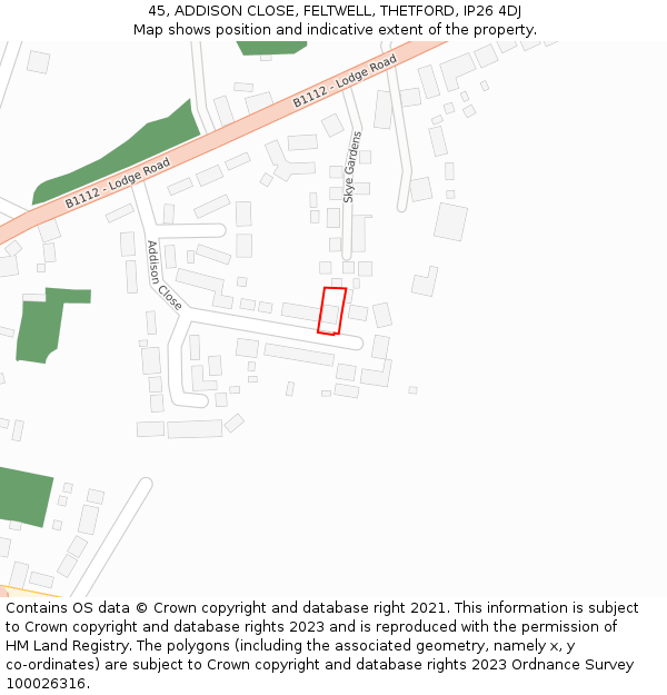45, ADDISON CLOSE, FELTWELL, THETFORD, IP26 4DJ: Location map and indicative extent of plot