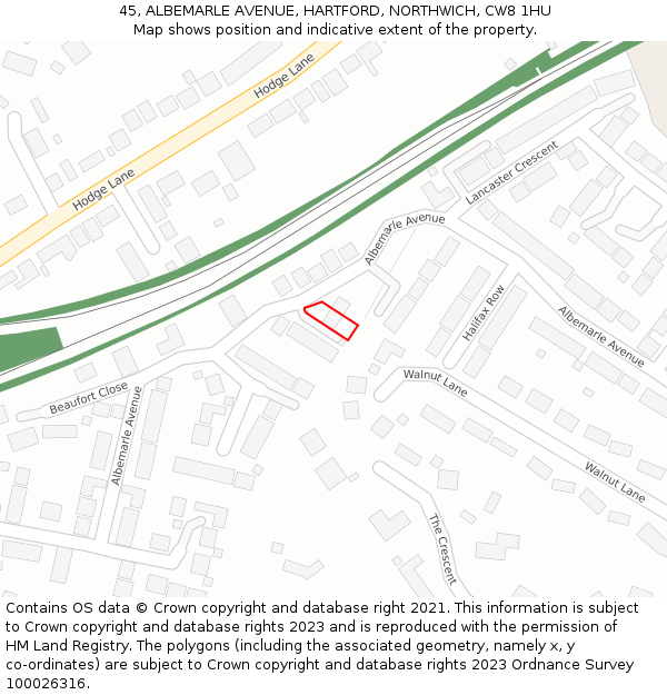 45, ALBEMARLE AVENUE, HARTFORD, NORTHWICH, CW8 1HU: Location map and indicative extent of plot