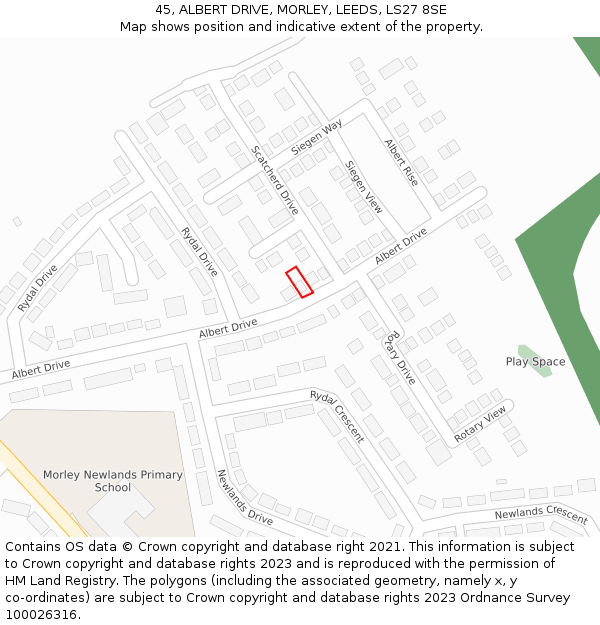 45, ALBERT DRIVE, MORLEY, LEEDS, LS27 8SE: Location map and indicative extent of plot