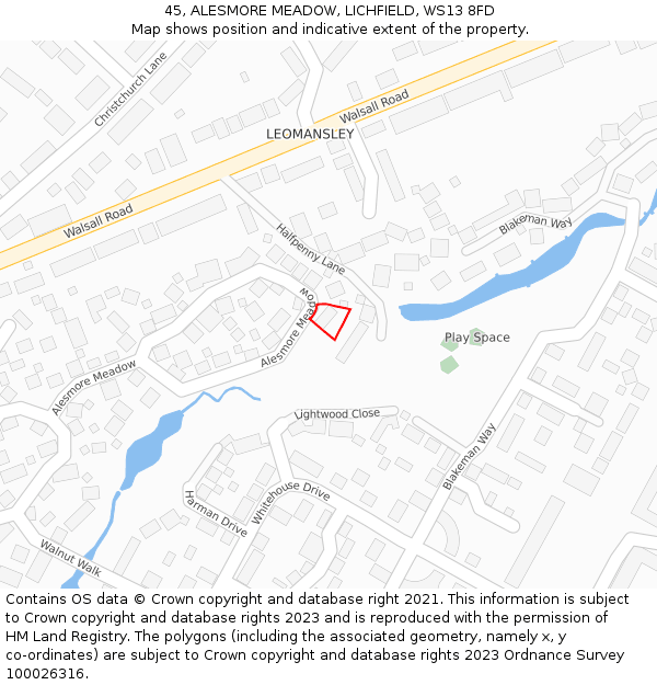 45, ALESMORE MEADOW, LICHFIELD, WS13 8FD: Location map and indicative extent of plot