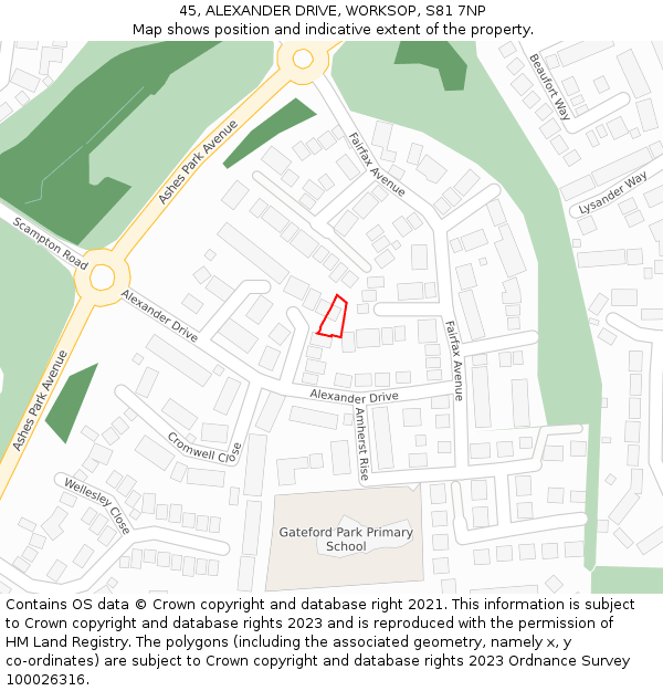 45, ALEXANDER DRIVE, WORKSOP, S81 7NP: Location map and indicative extent of plot