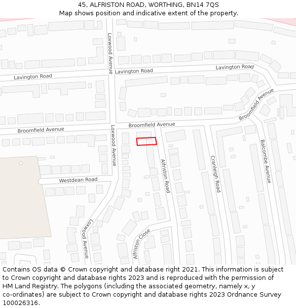 45, ALFRISTON ROAD, WORTHING, BN14 7QS: Location map and indicative extent of plot