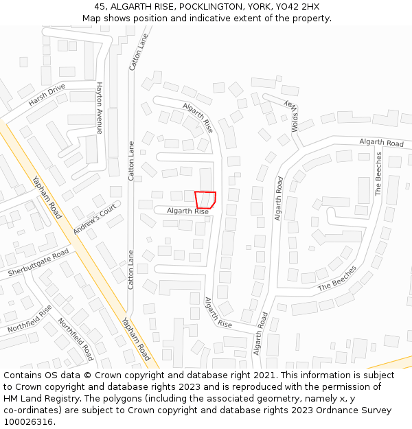 45, ALGARTH RISE, POCKLINGTON, YORK, YO42 2HX: Location map and indicative extent of plot