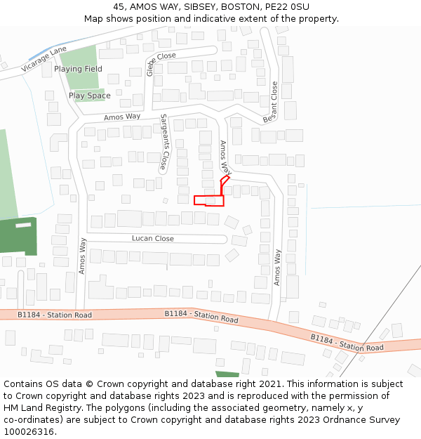 45, AMOS WAY, SIBSEY, BOSTON, PE22 0SU: Location map and indicative extent of plot