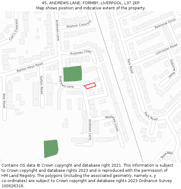 45, ANDREWS LANE, FORMBY, LIVERPOOL, L37 2EP: Location map and indicative extent of plot