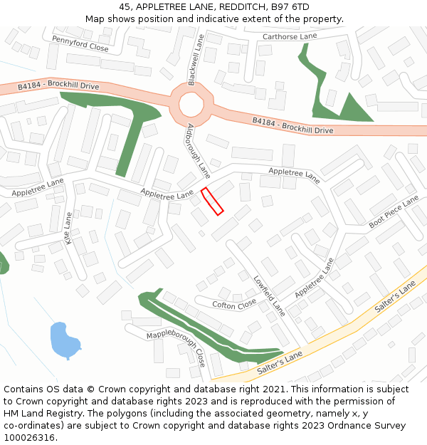 45, APPLETREE LANE, REDDITCH, B97 6TD: Location map and indicative extent of plot