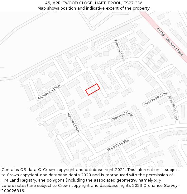 45, APPLEWOOD CLOSE, HARTLEPOOL, TS27 3JW: Location map and indicative extent of plot