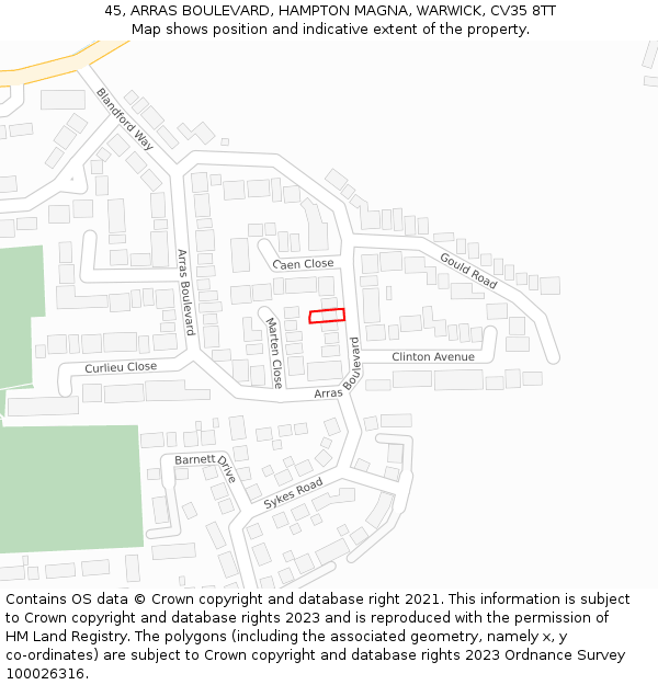 45, ARRAS BOULEVARD, HAMPTON MAGNA, WARWICK, CV35 8TT: Location map and indicative extent of plot