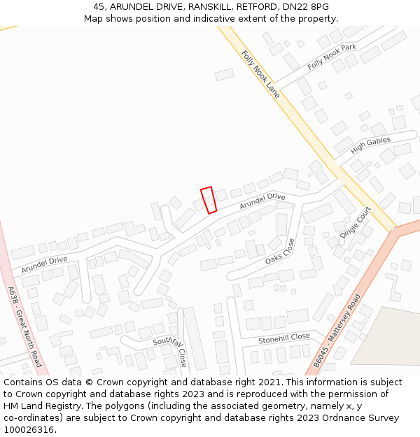 45, ARUNDEL DRIVE, RANSKILL, RETFORD, DN22 8PG: Location map and indicative extent of plot