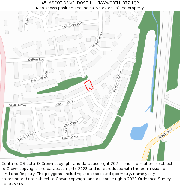 45, ASCOT DRIVE, DOSTHILL, TAMWORTH, B77 1QP: Location map and indicative extent of plot