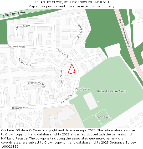 45, ASHBY CLOSE, WELLINGBOROUGH, NN8 5FH: Location map and indicative extent of plot