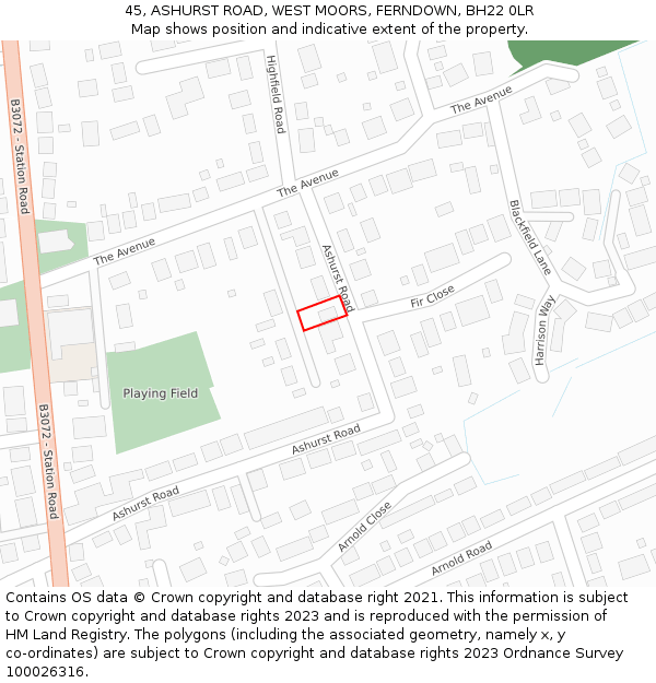 45, ASHURST ROAD, WEST MOORS, FERNDOWN, BH22 0LR: Location map and indicative extent of plot