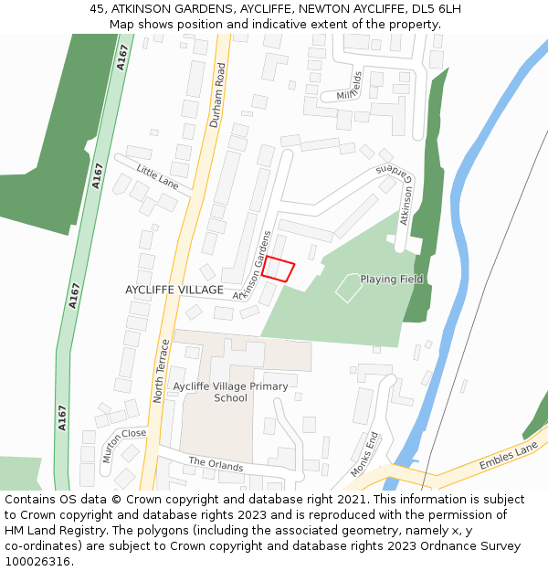 45, ATKINSON GARDENS, AYCLIFFE, NEWTON AYCLIFFE, DL5 6LH: Location map and indicative extent of plot