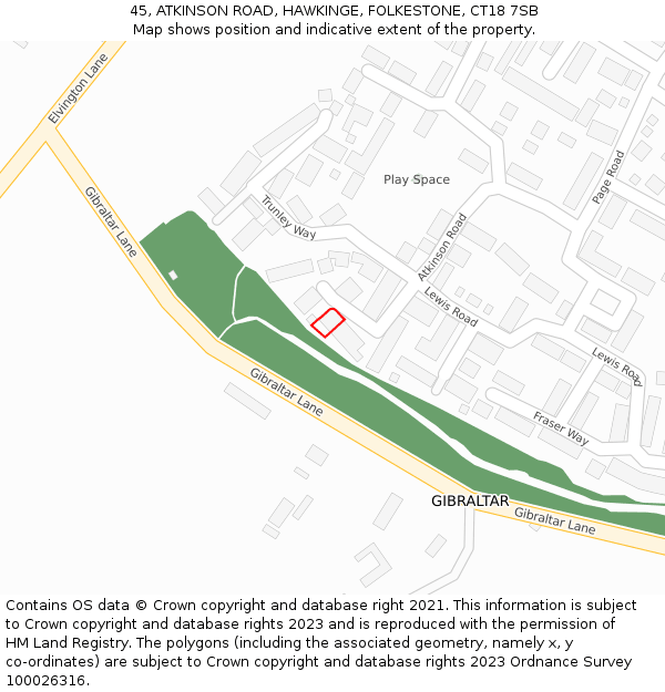 45, ATKINSON ROAD, HAWKINGE, FOLKESTONE, CT18 7SB: Location map and indicative extent of plot