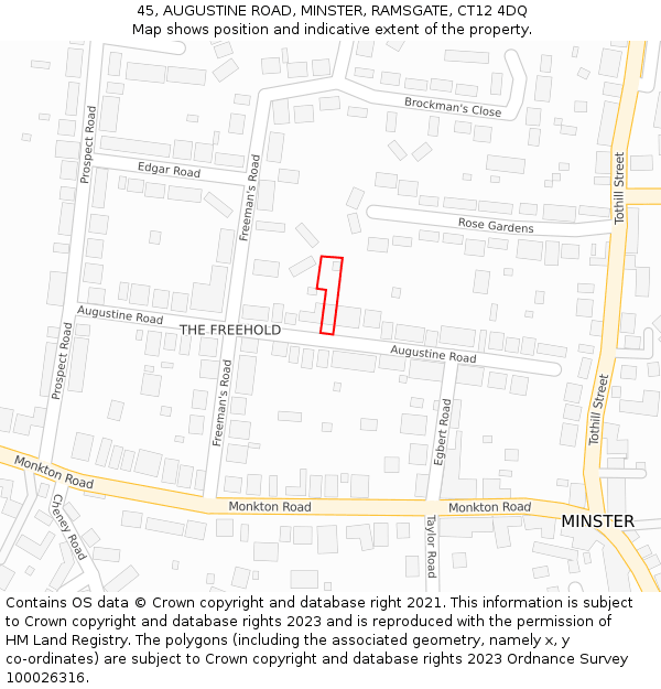 45, AUGUSTINE ROAD, MINSTER, RAMSGATE, CT12 4DQ: Location map and indicative extent of plot