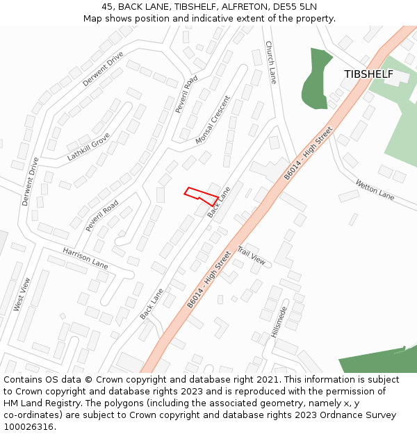 45, BACK LANE, TIBSHELF, ALFRETON, DE55 5LN: Location map and indicative extent of plot