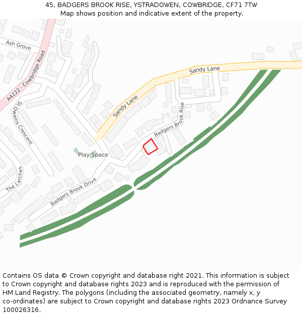 45, BADGERS BROOK RISE, YSTRADOWEN, COWBRIDGE, CF71 7TW: Location map and indicative extent of plot
