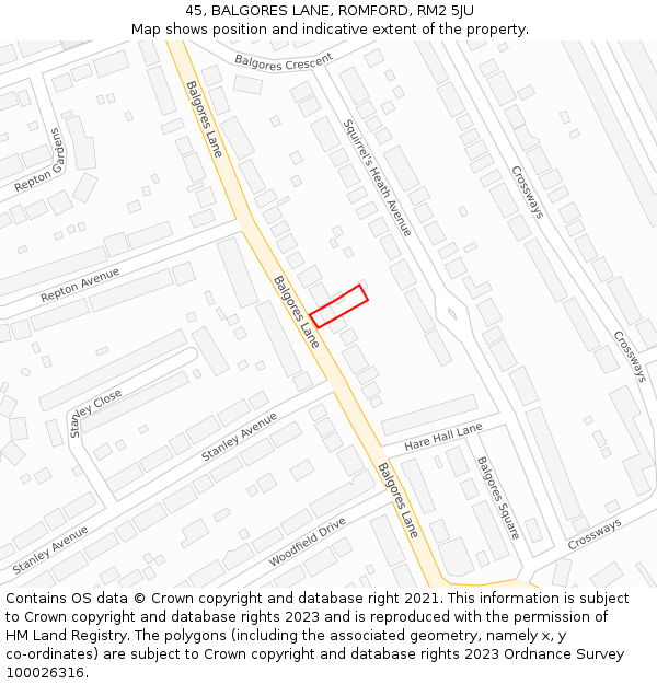 45, BALGORES LANE, ROMFORD, RM2 5JU: Location map and indicative extent of plot