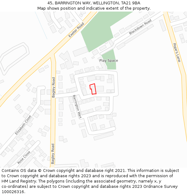 45, BARRINGTON WAY, WELLINGTON, TA21 9BA: Location map and indicative extent of plot