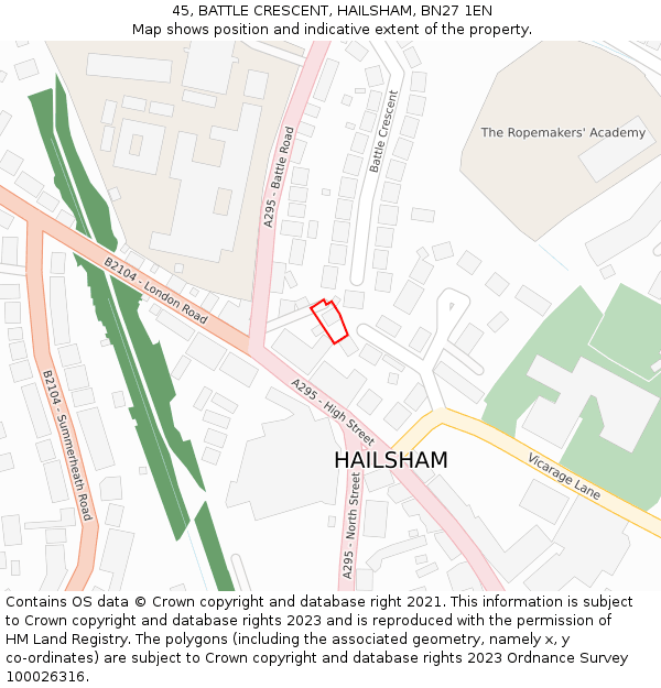 45, BATTLE CRESCENT, HAILSHAM, BN27 1EN: Location map and indicative extent of plot