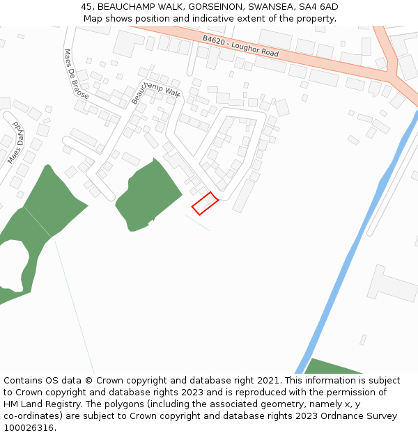 45, BEAUCHAMP WALK, GORSEINON, SWANSEA, SA4 6AD: Location map and indicative extent of plot