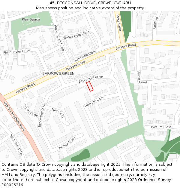 45, BECCONSALL DRIVE, CREWE, CW1 4RU: Location map and indicative extent of plot