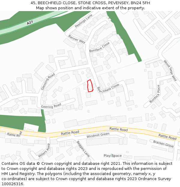 45, BEECHFIELD CLOSE, STONE CROSS, PEVENSEY, BN24 5FH: Location map and indicative extent of plot