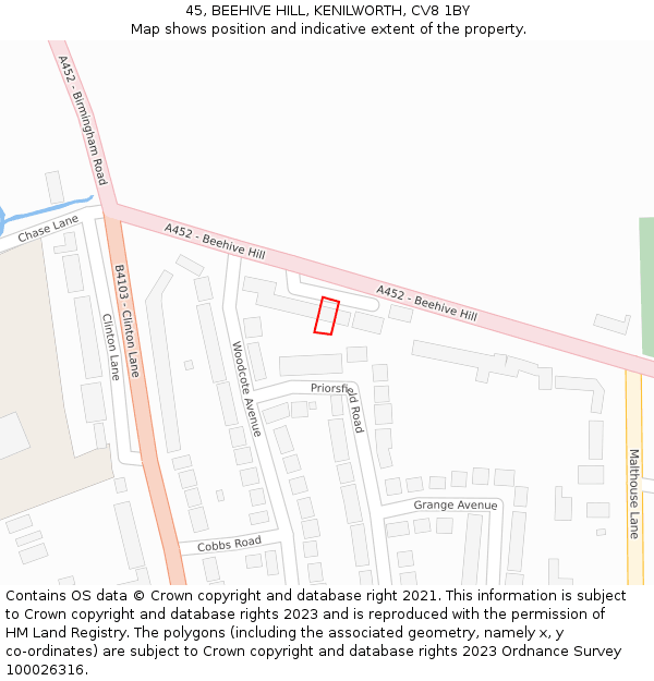 45, BEEHIVE HILL, KENILWORTH, CV8 1BY: Location map and indicative extent of plot