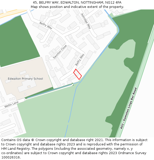 45, BELFRY WAY, EDWALTON, NOTTINGHAM, NG12 4FA: Location map and indicative extent of plot