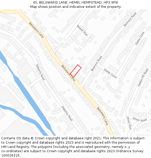 45, BELSWAINS LANE, HEMEL HEMPSTEAD, HP3 9PW: Location map and indicative extent of plot