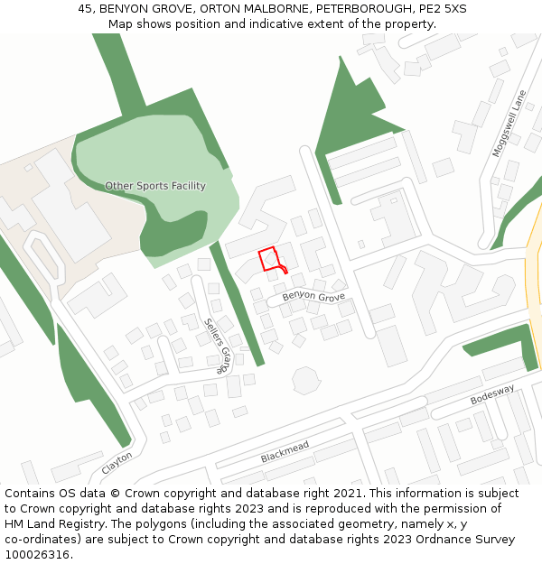 45, BENYON GROVE, ORTON MALBORNE, PETERBOROUGH, PE2 5XS: Location map and indicative extent of plot