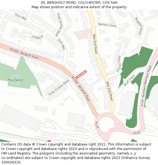 45, BERGHOLT ROAD, COLCHESTER, CO4 5AA: Location map and indicative extent of plot