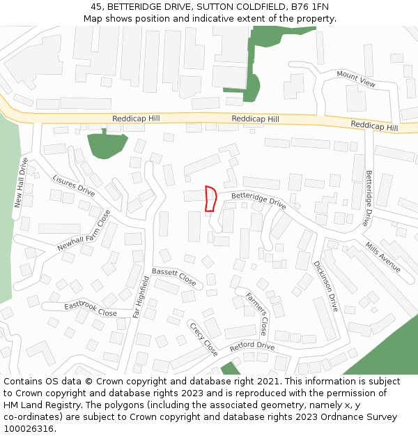 45, BETTERIDGE DRIVE, SUTTON COLDFIELD, B76 1FN: Location map and indicative extent of plot