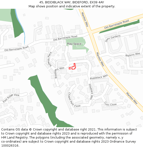 45, BIDDIBLACK WAY, BIDEFORD, EX39 4AY: Location map and indicative extent of plot