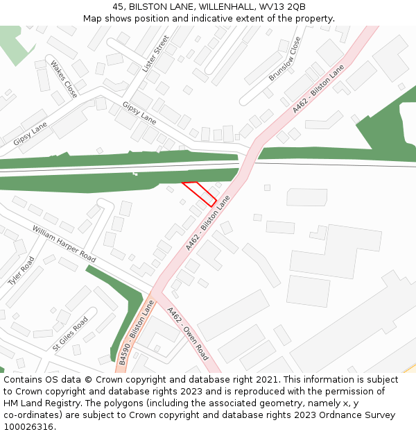 45, BILSTON LANE, WILLENHALL, WV13 2QB: Location map and indicative extent of plot