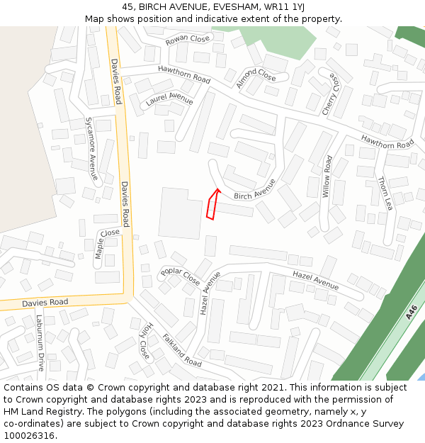 45, BIRCH AVENUE, EVESHAM, WR11 1YJ: Location map and indicative extent of plot