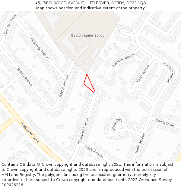 45, BIRCHWOOD AVENUE, LITTLEOVER, DERBY, DE23 1QA: Location map and indicative extent of plot