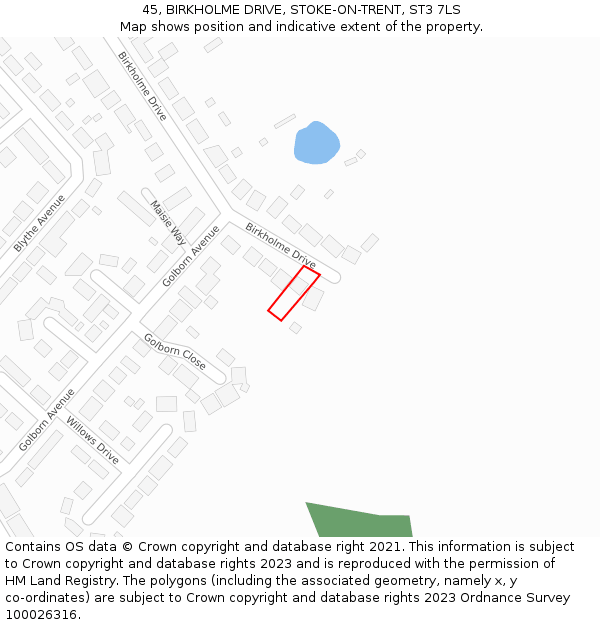 45, BIRKHOLME DRIVE, STOKE-ON-TRENT, ST3 7LS: Location map and indicative extent of plot