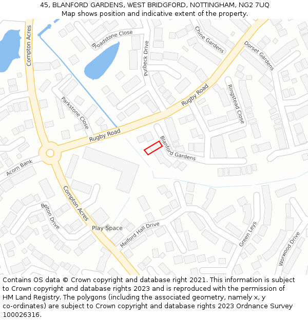 45, BLANFORD GARDENS, WEST BRIDGFORD, NOTTINGHAM, NG2 7UQ: Location map and indicative extent of plot