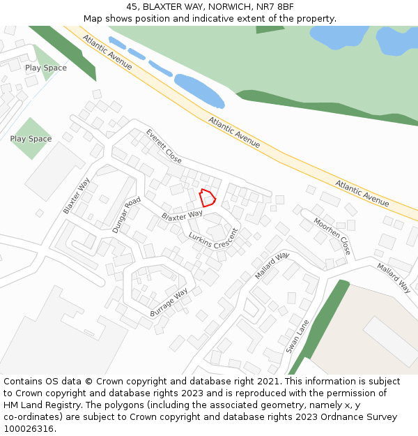 45, BLAXTER WAY, NORWICH, NR7 8BF: Location map and indicative extent of plot