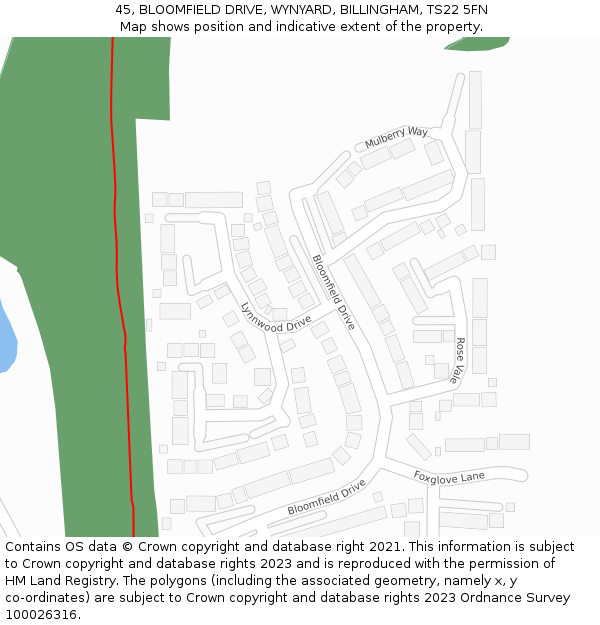 45, BLOOMFIELD DRIVE, WYNYARD, BILLINGHAM, TS22 5FN: Location map and indicative extent of plot