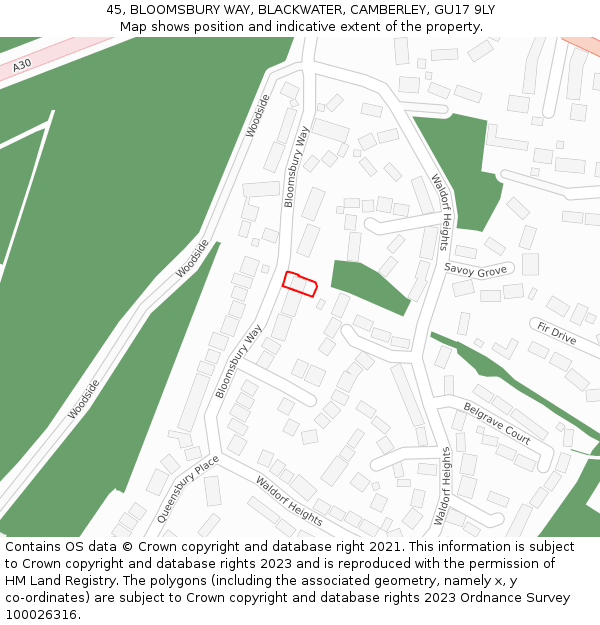 45, BLOOMSBURY WAY, BLACKWATER, CAMBERLEY, GU17 9LY: Location map and indicative extent of plot