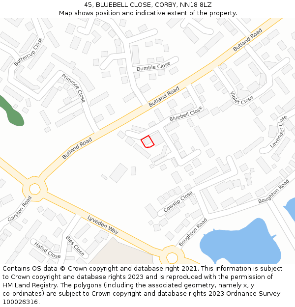 45, BLUEBELL CLOSE, CORBY, NN18 8LZ: Location map and indicative extent of plot