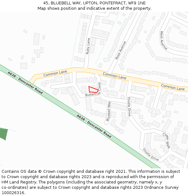 45, BLUEBELL WAY, UPTON, PONTEFRACT, WF9 1NE: Location map and indicative extent of plot