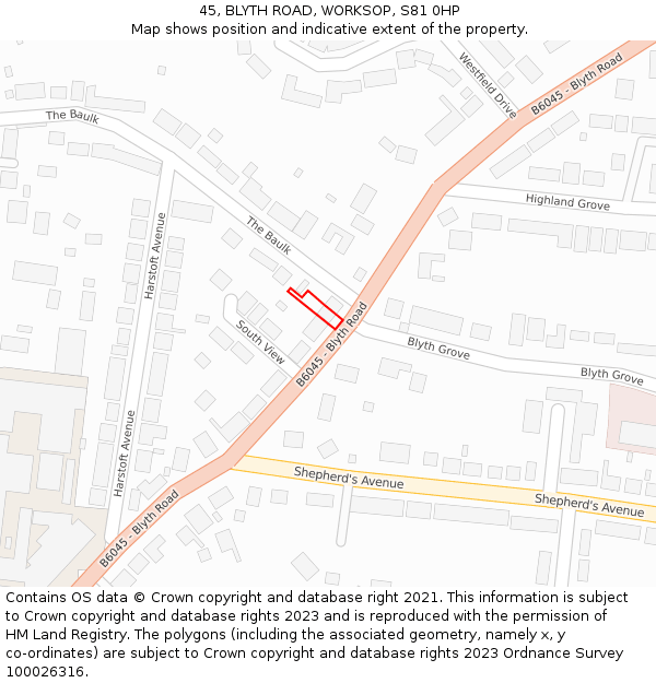 45, BLYTH ROAD, WORKSOP, S81 0HP: Location map and indicative extent of plot