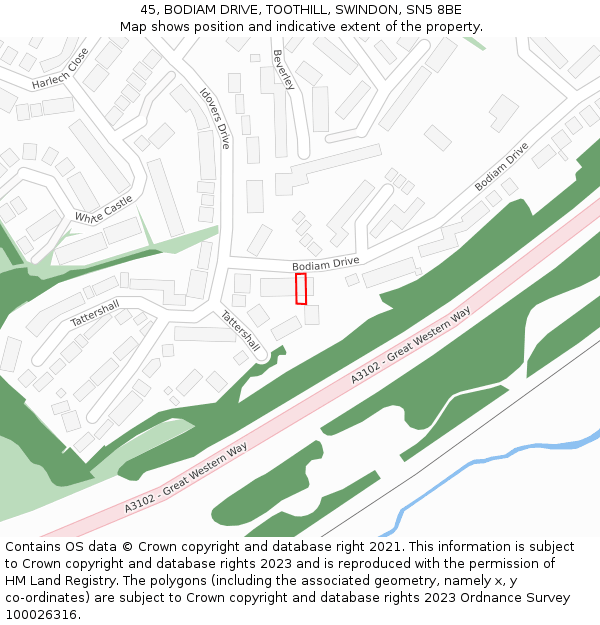 45, BODIAM DRIVE, TOOTHILL, SWINDON, SN5 8BE: Location map and indicative extent of plot