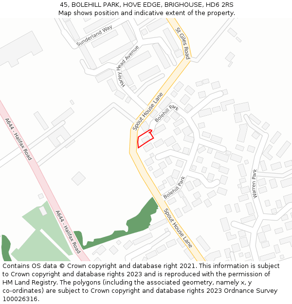 45, BOLEHILL PARK, HOVE EDGE, BRIGHOUSE, HD6 2RS: Location map and indicative extent of plot