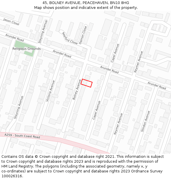 45, BOLNEY AVENUE, PEACEHAVEN, BN10 8HG: Location map and indicative extent of plot