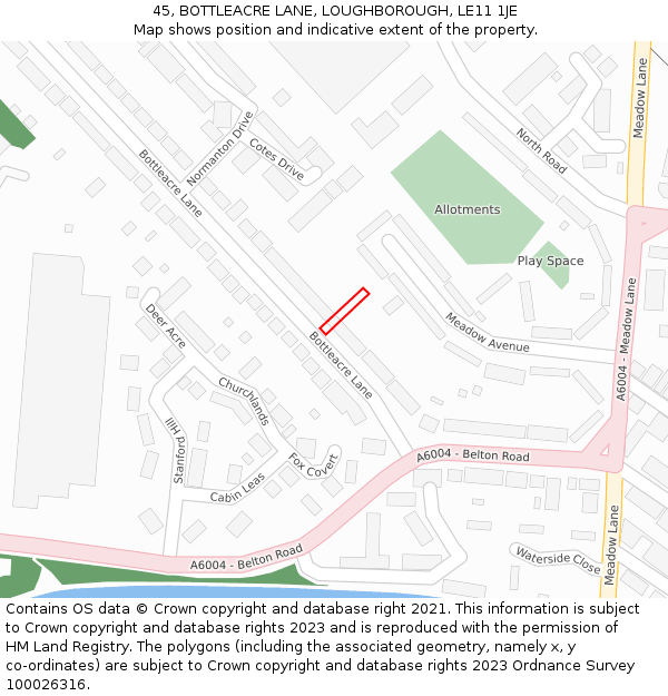 45, BOTTLEACRE LANE, LOUGHBOROUGH, LE11 1JE: Location map and indicative extent of plot