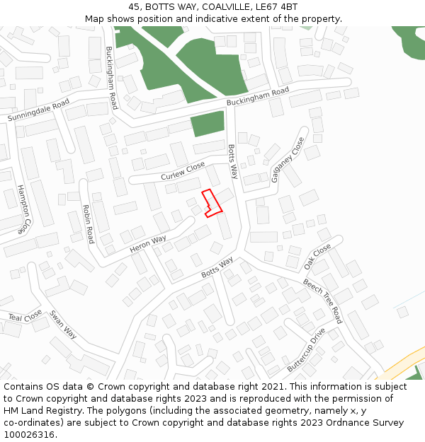 45, BOTTS WAY, COALVILLE, LE67 4BT: Location map and indicative extent of plot